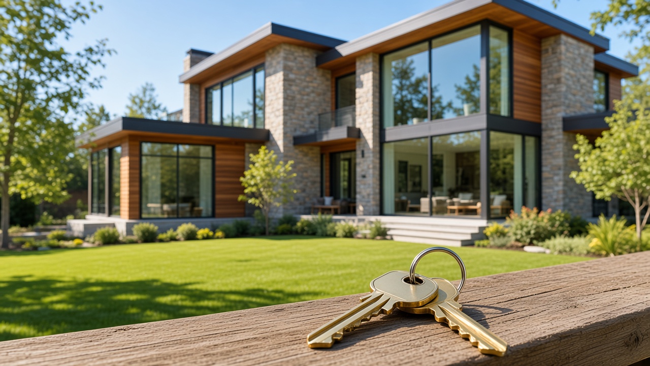 House keys in front of a modern home