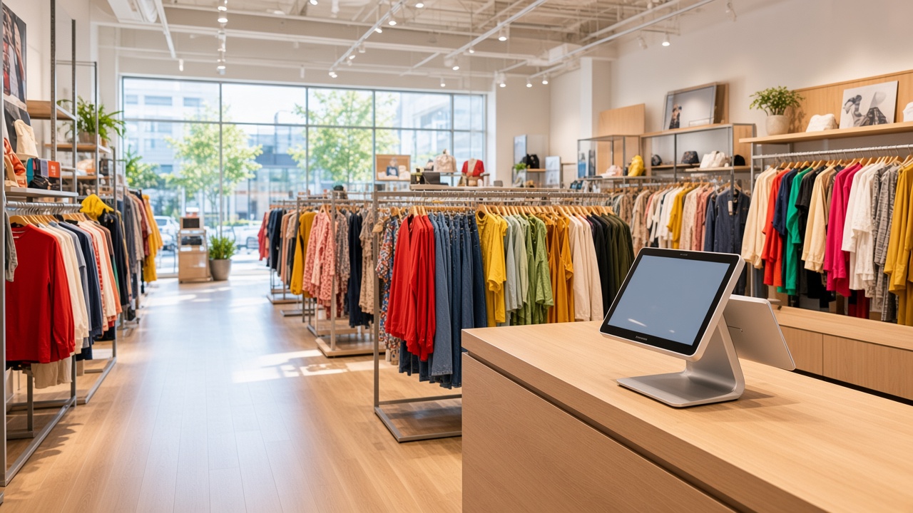 A clothing store floor with a checkout counter