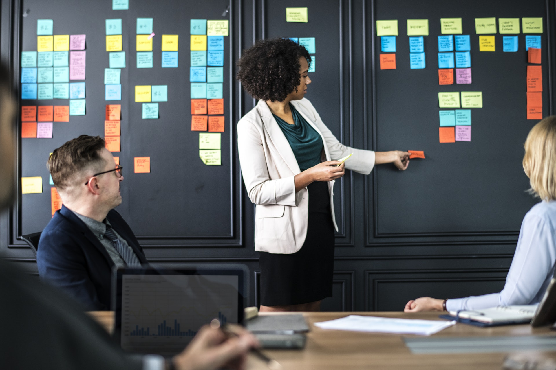 A planning session at a sticky-note wall