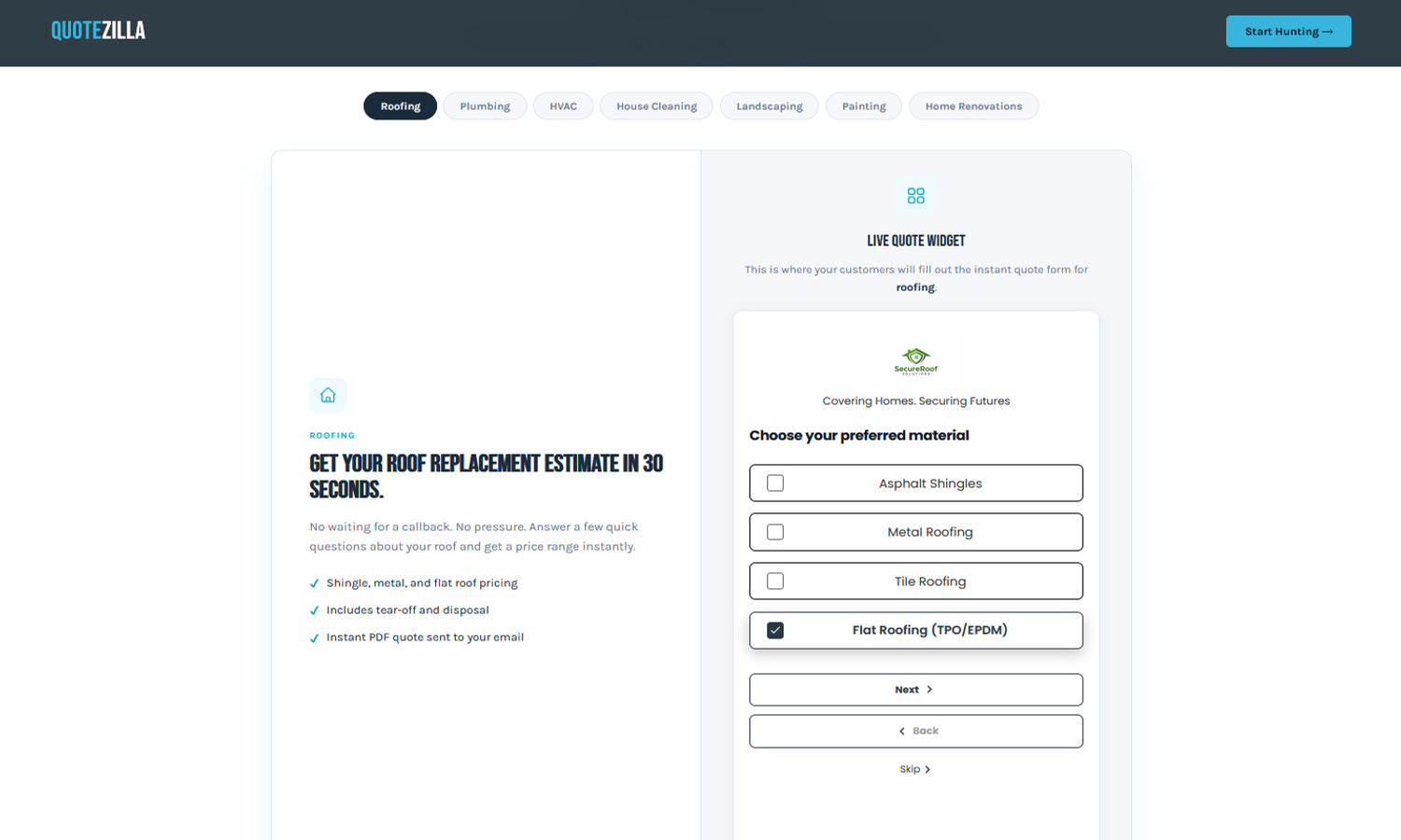 QuoteZilla instant quote widget collecting a roofing estimate