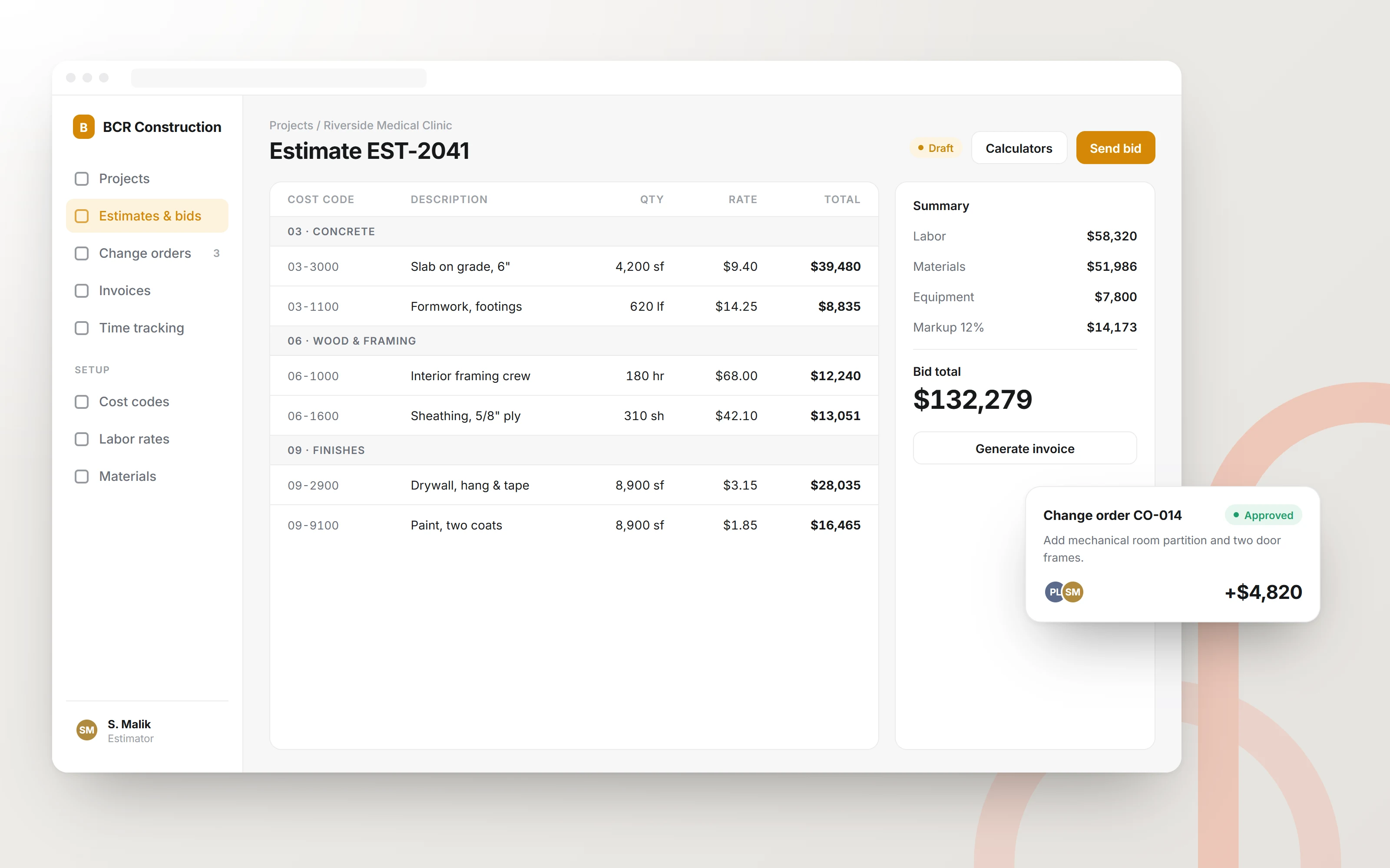 Job estimating and cost management portal for BCR Construction