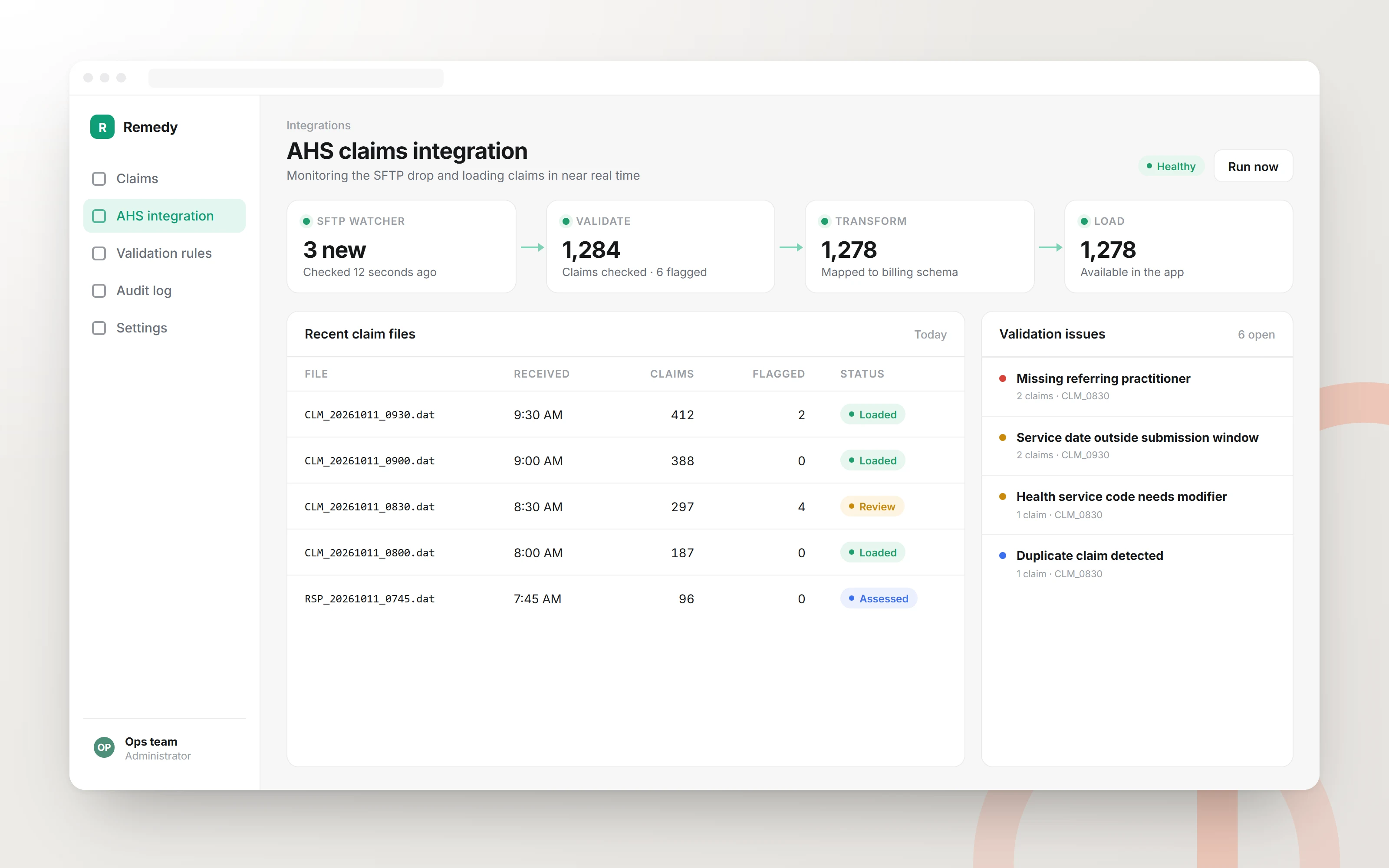 Medical billing claims integration built for Remedy