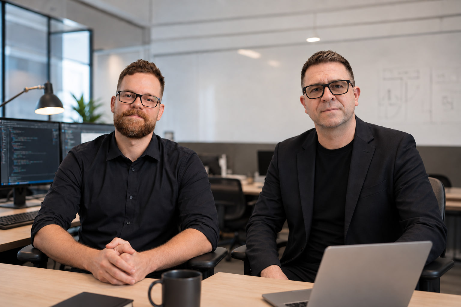 Calnetic’s two co-founders at their desks in the studio